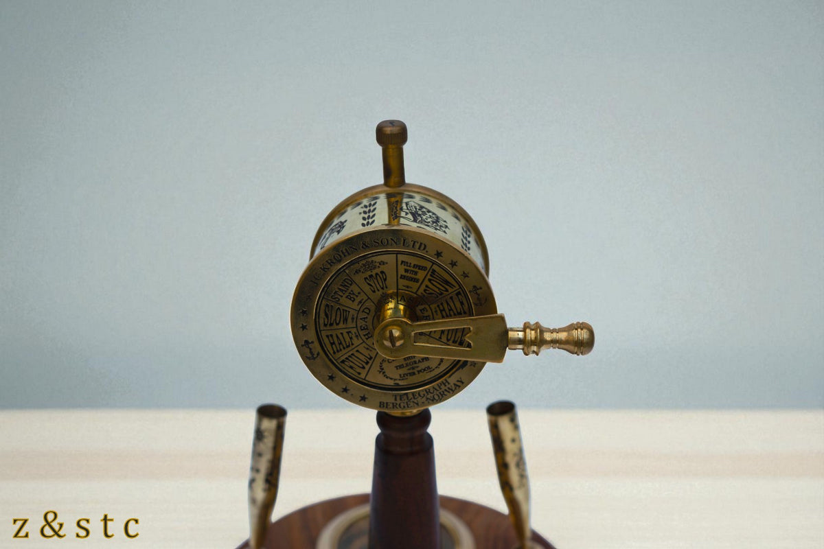 Wooden Brass Pen Holder with Built in Watch, Compass & Telegraph Decorative item
