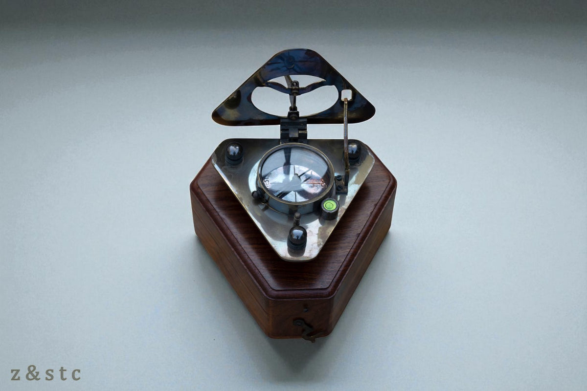 Gilbert & Sons Brass Sundial Compass – Vintage Triangular Design with Wooden Box