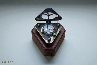 Gilbert & Sons Brass Sundial Compass – Vintage Triangular Design with Wooden Box