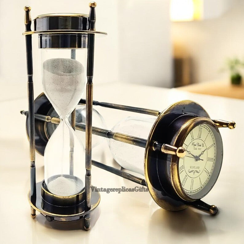 Antique Style Brass Hourglass Sand Timer with Elegant Clock & compass Home Decor