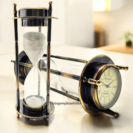 Antique Style Brass Hourglass Sand Timer with Elegant Clock & compass Home Decor