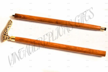 VintageReplicasGifts Brass Handle Walking Stick 3 Fold Wooden Cane Antique Desig