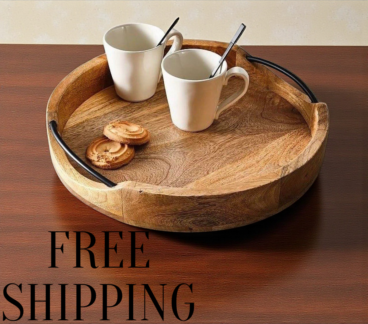 Artisan Crafted Mango Wood Tray – Rustic Square Serving Tray with Iron Handles.
