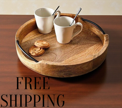 Artisan Crafted Mango Wood Tray – Rustic Square Serving Tray with Iron Handles.