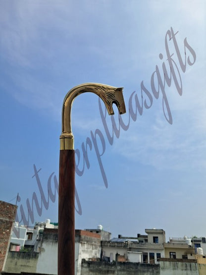 Wolf Head Brass Handle Walking Stick 37" Wooden Cane Handmade Antique Vin