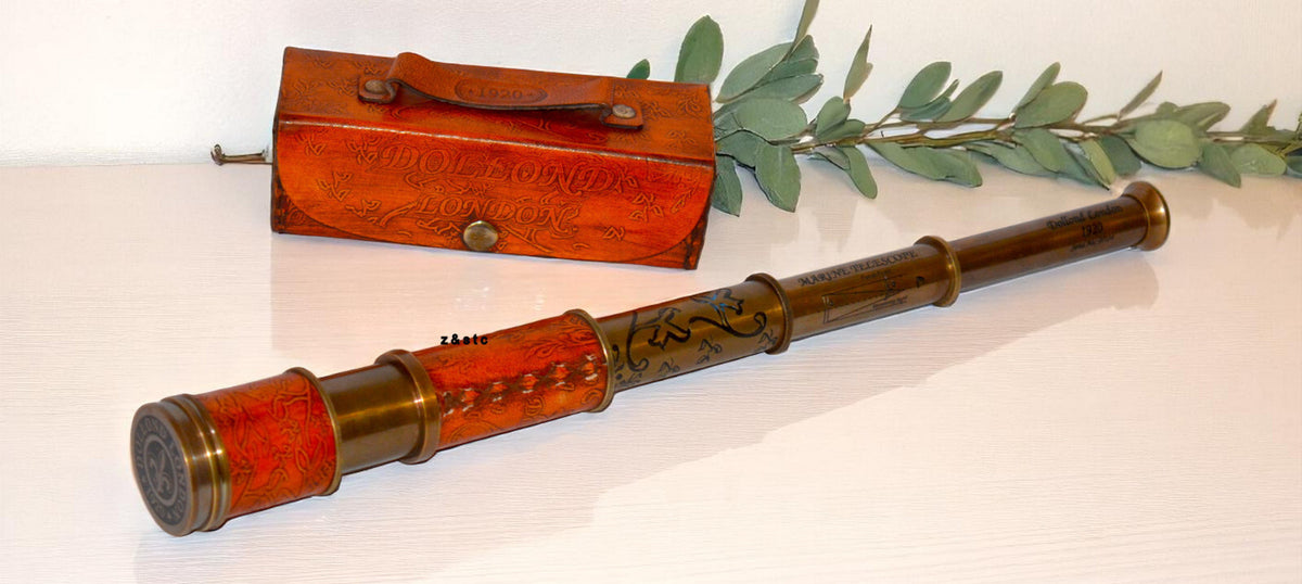 Vintage Brass Leather-Wrapped Telescope with Leather Box Nautical Spyglass Gift