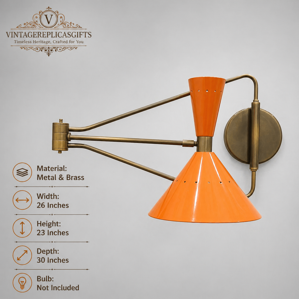 Vintage Mid Century Wall Lamp Swing Arm Sconce Orange Metal & Brass Handmade 26"