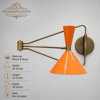 Vintage Mid Century Wall Lamp Swing Arm Sconce Orange Metal & Brass Handmade 26"