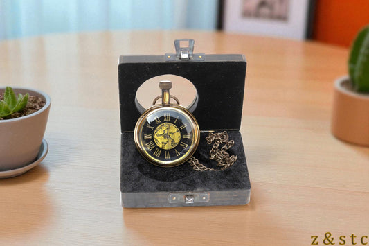Classic Brass Pocket Watch with Black Wood Box – Retro Gifting Idea