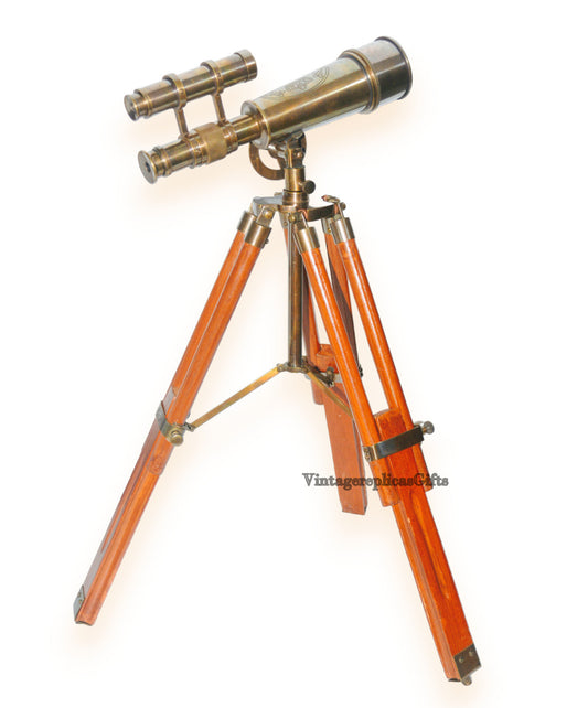 Vintage Brass Spyglass Double Barrel Telescope Wooden Tripod Home Decor Gift
