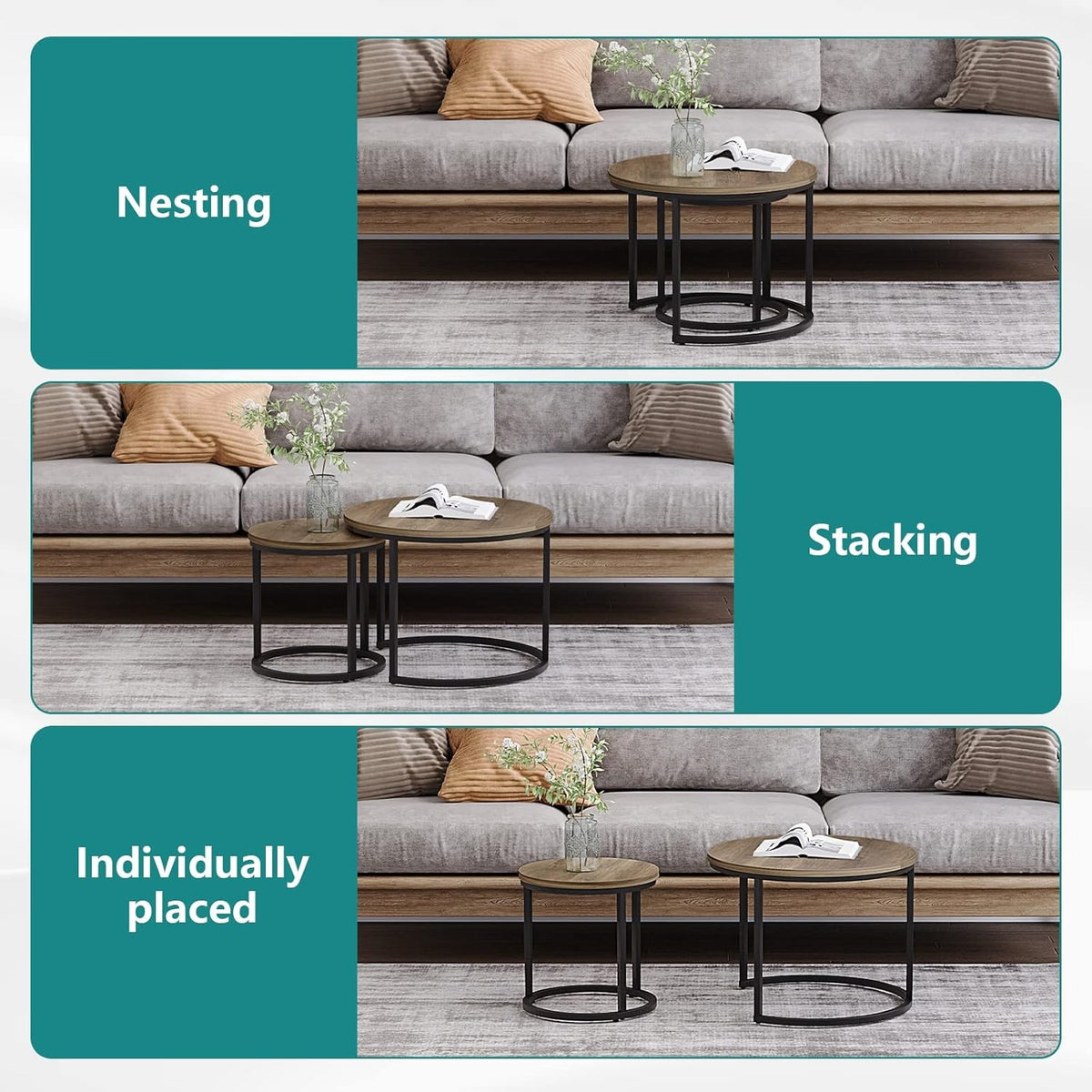 Space-Saving Round Nesting Coffee Table Set – 2 Wooden Industrial End Tables.