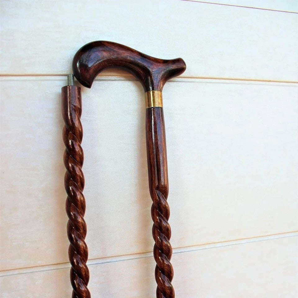 Wooden Walking Cane Derby Handle 2 Fold Handmade Travel Walking Stick 38"