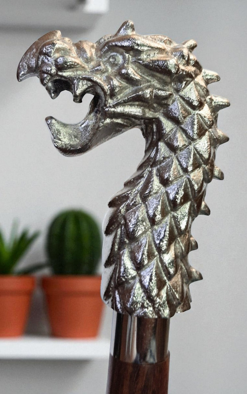 Z&STC Dragon Head Walking Stick Handcrafted Wooden Cane with Silver Handle