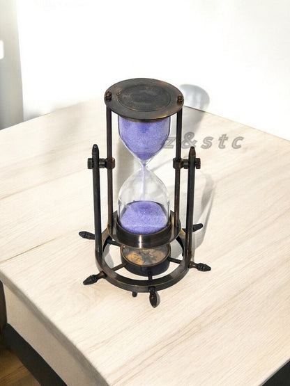 Brass 5-Minute Hourglass Timer with Compass Base – Nautical Sand Clock Decor